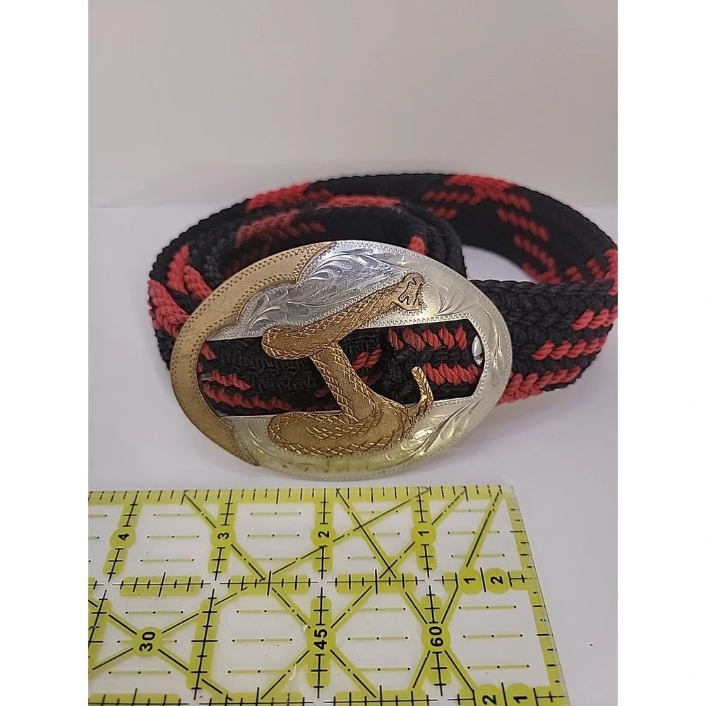 Vintage Western Snake Belt‎ Rattlesnake Buckle Braided Cord Cowboy